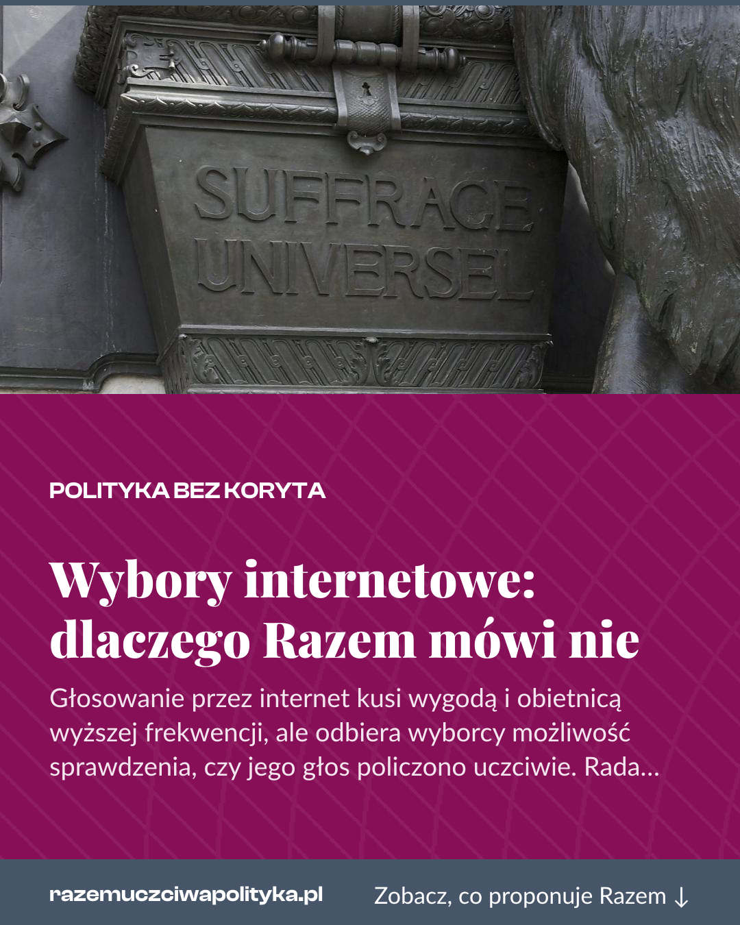 Grafika pionowa do udostępnienia: Wybory internetowe: dlaczego Razem mówi nie