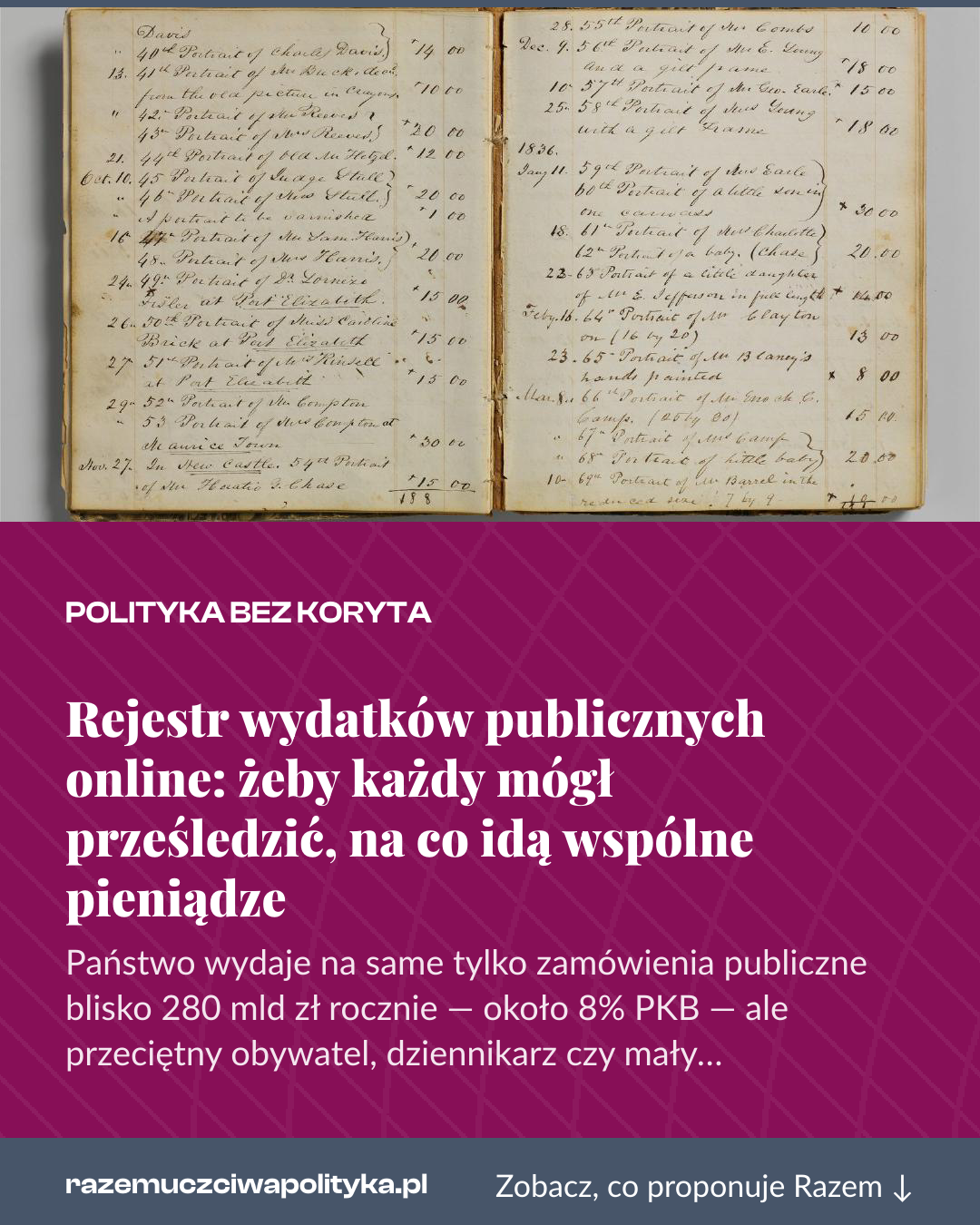 Grafika pionowa do udostępnienia: Rejestr wydatków publicznych online: żeby każdy mógł prześledzić, na co idą wspólne pieniądze