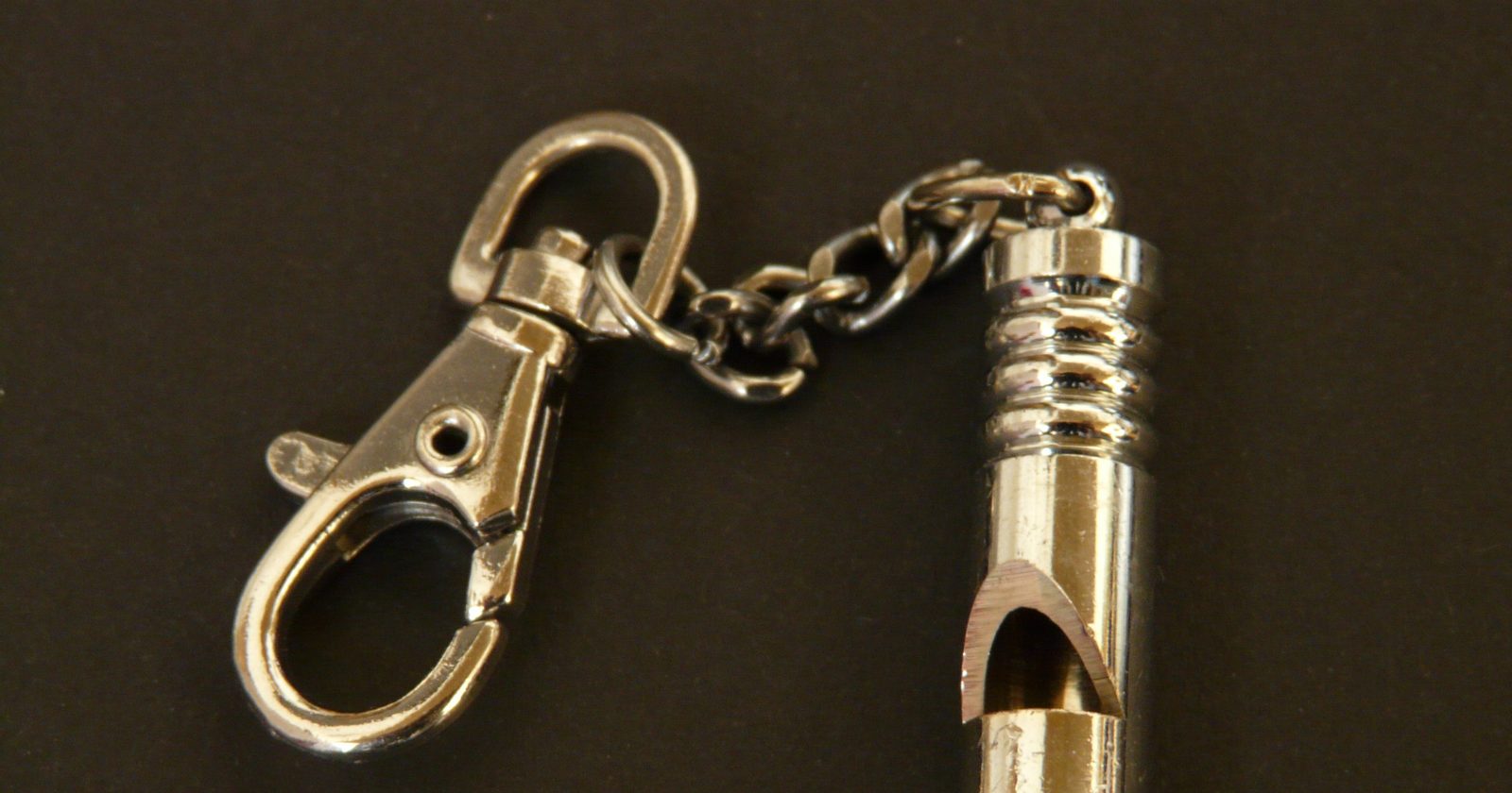 Metalowy gwizdek na łańcuszku z karabińczykiem na ciemnym tle — symbol sygnalisty zgłaszającego nieprawidłowości.
